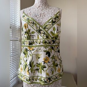 EUC Ann Taylor Green White Yellow Floral Tank Top V-neck Size 14 Preppy Resort